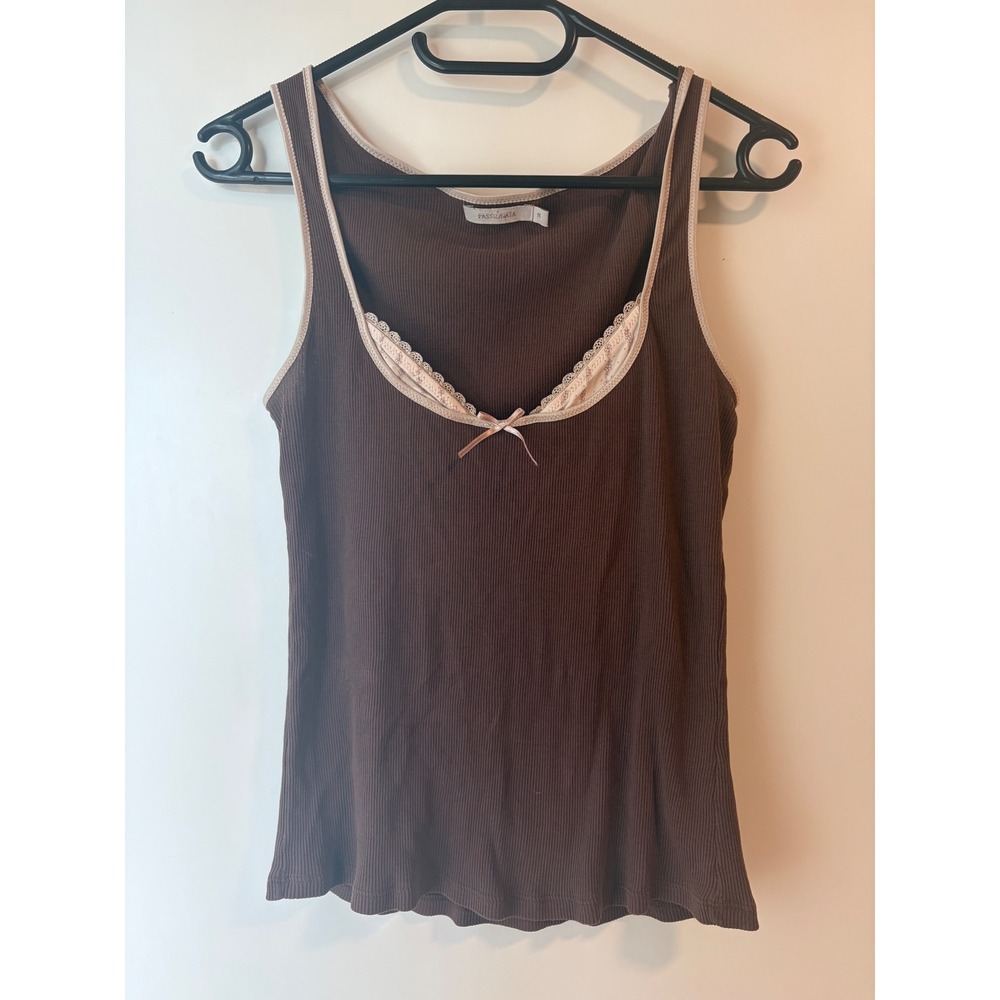 Passionata Vintage Y2K Brown Ribbed Cotton Lace Trim Tank Top France Size M
